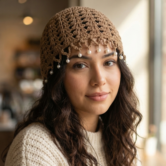 Crochet Beanie Tan with Faux Pearls - Picture 1 of 11